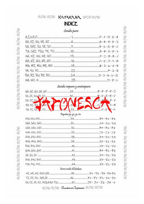 Indice del cuaderno de caligrafía katakana